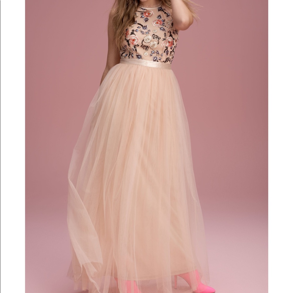 Nude halter dress with floral design